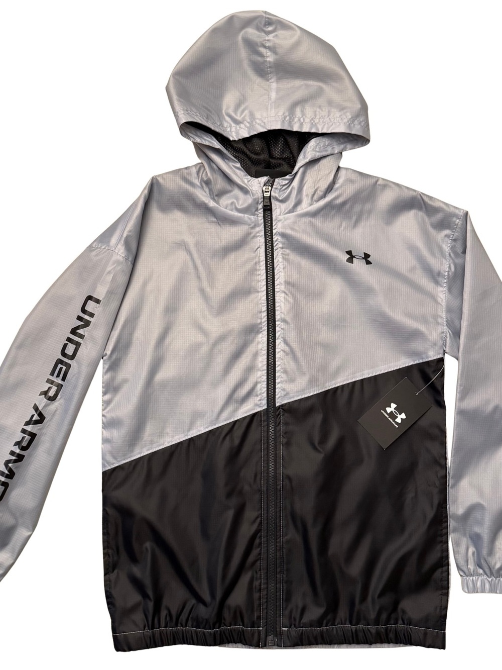 NWT Under Armour Youth Silver and Black Hooded Windbreaker Jacket
